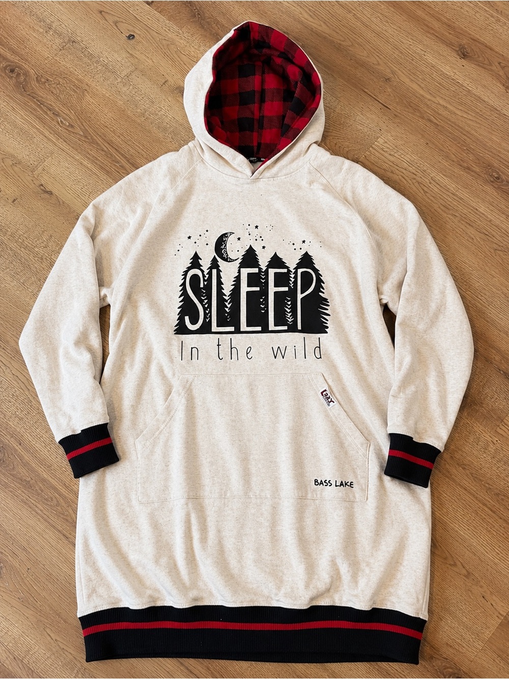 Lazy One Sleep Wild Sleep Hoodie Nightshirt Oatmeal Buffalo Plaid S/M NWT